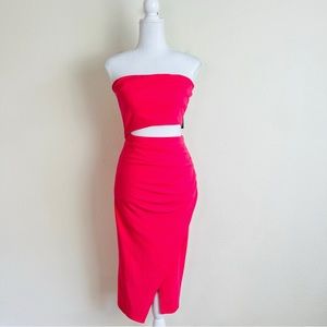 NWT Fashion Nova Coral Ruched Bandeau Cut Out Slit Side Midi Illusion Dress